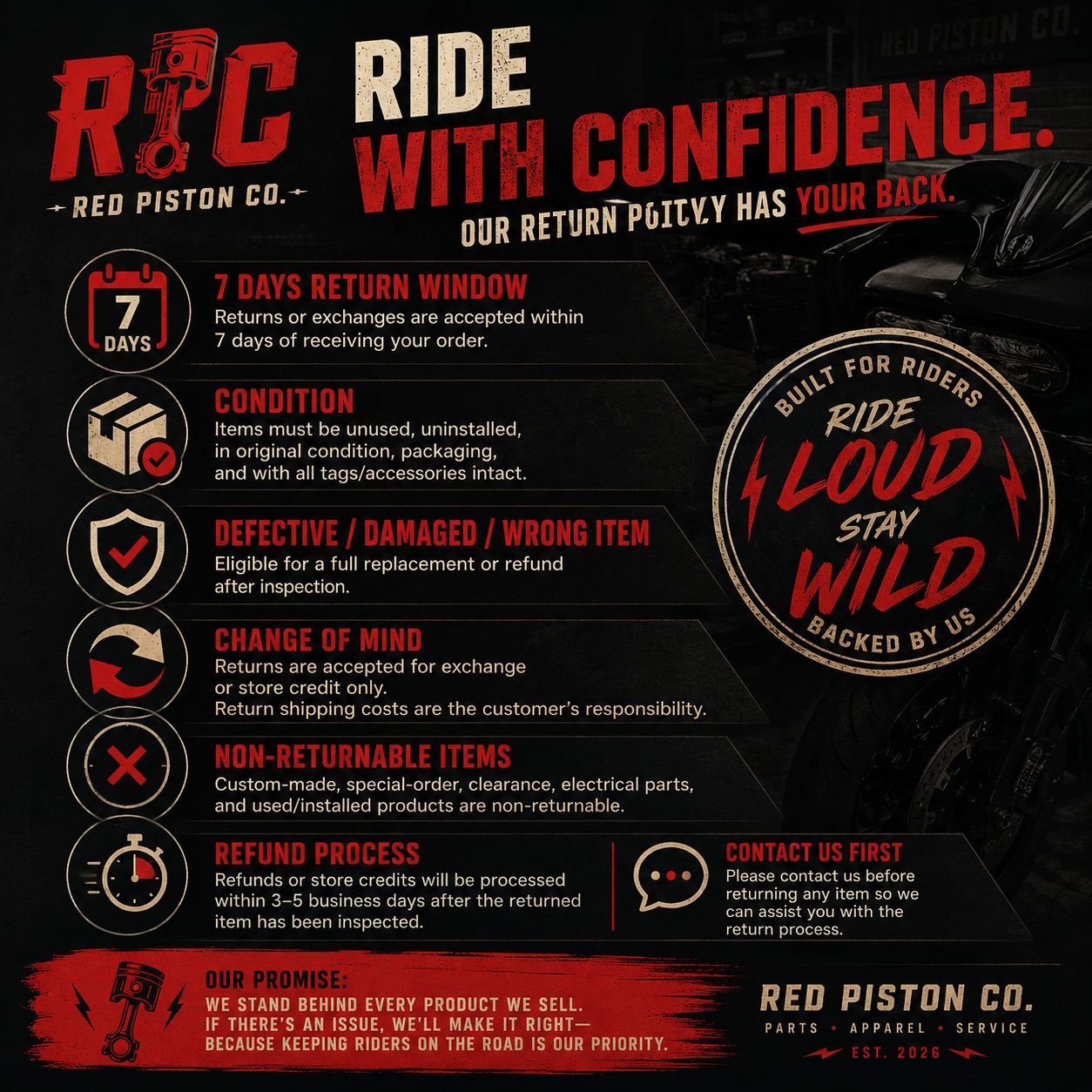 Red Piston Co. full return policy